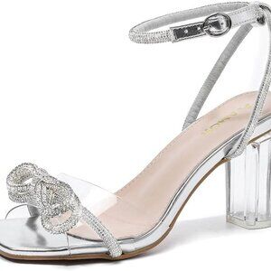 Women Heels Rhinestone Bow Clear 3 Inch Block Heel Sandal for Party Wedding